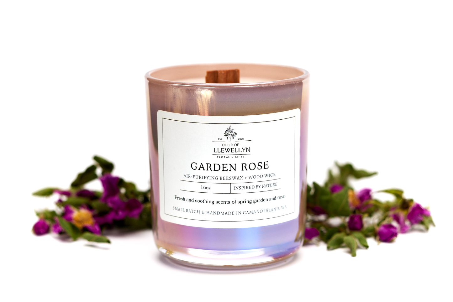 Garden Rose - 16oz Classic Iridescent Glass (Blush) Beeswax Candle